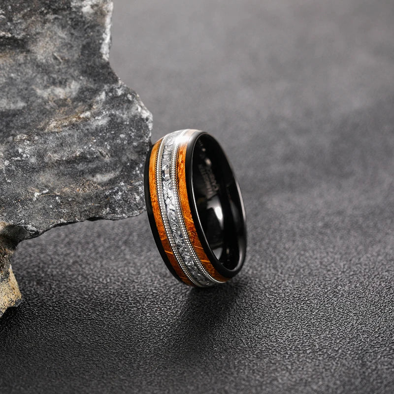 MGS 8mm Tungsten Whiskey Barrel Wood Between Guitar String Ring For Men