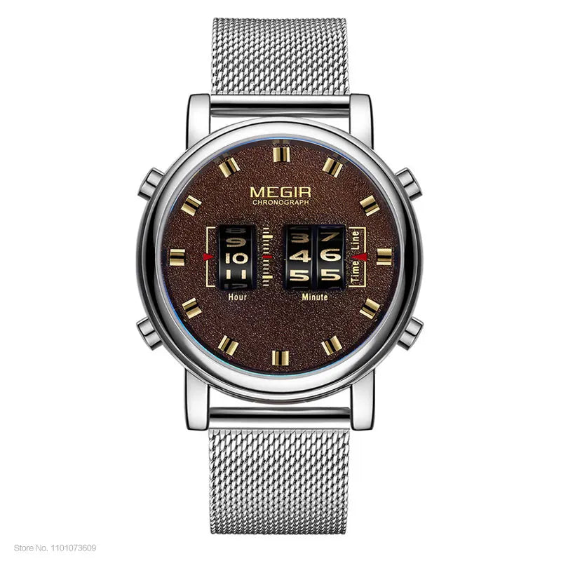 Original MEGIR Luxury Roller Pointer Quartz Stainless Steel Mesh Strap Wristwatch - Man Gifts Shop