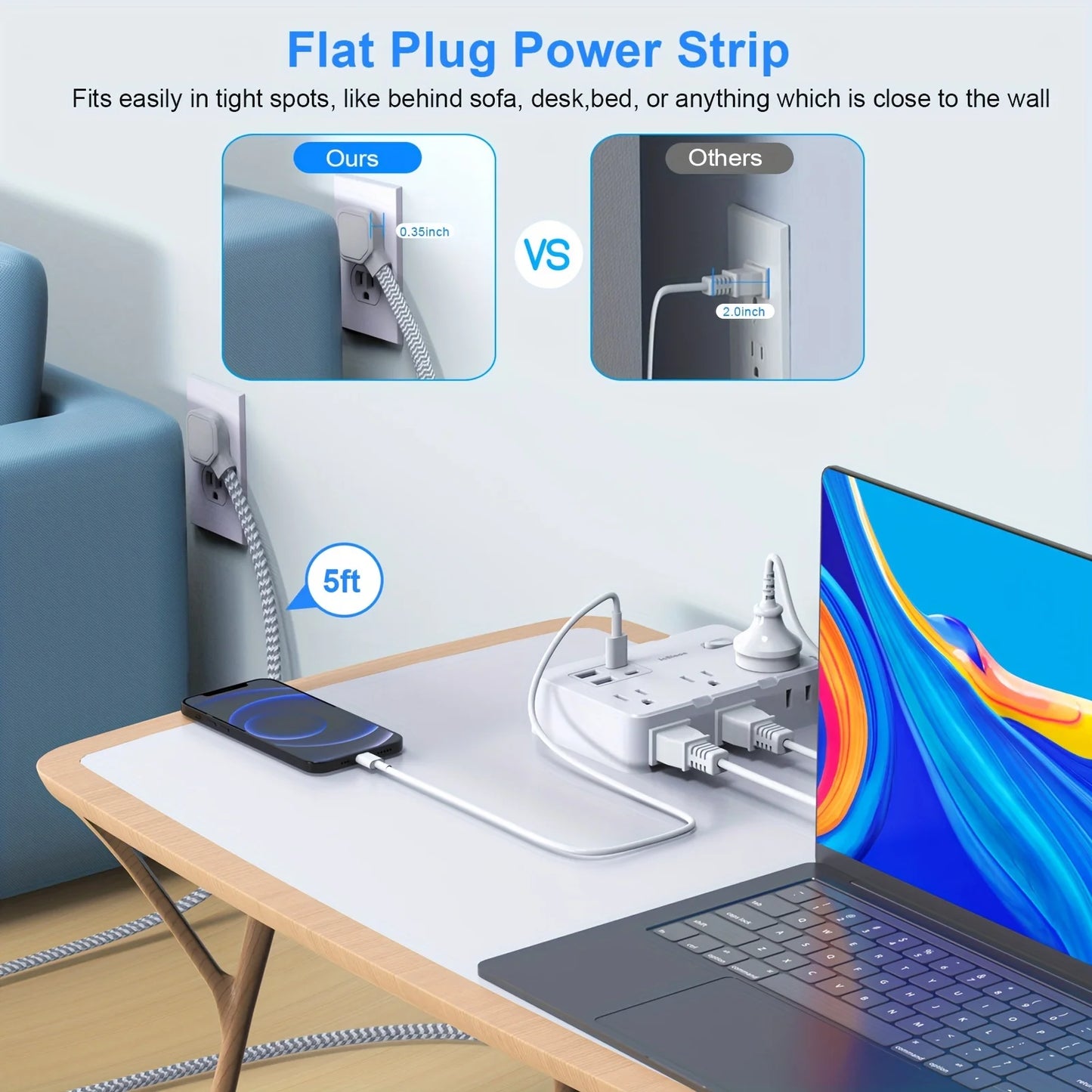 Smart Home Power Strip with USB Fast Charging | US Plug AC Outlet with Braided Extension Cord & Network Filter