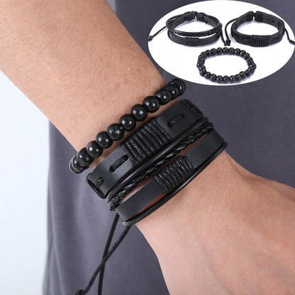 3-4pcs Vintage Leather Bracelet Set for Men – Tree of Life & Beaded Wrap Bangles