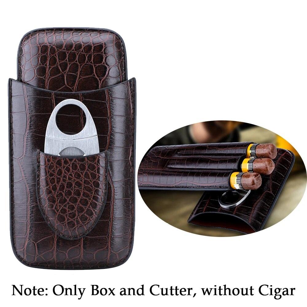 Cowhide Leather Three-Finger Portable Cigar Case with Silver Cigar Cutter - Man Gifts Shop