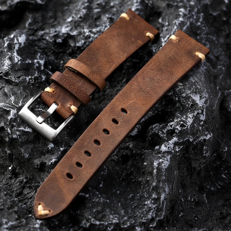 Handmade Genuine Leather Watchband in Vintage Old Brown & Black | Soft Men's Bracelet in 18-22MM | Premium First Layer Cowhide