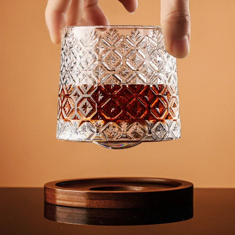 Crystal Base Tumbler: MGS Rotating Whiskey Glass - Elegant Drinkware for Home and Bar - Man Gifts Shop