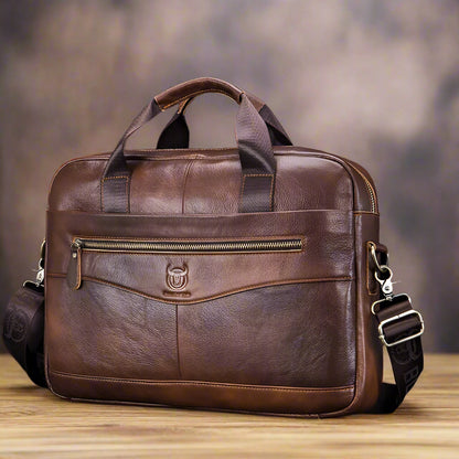 Original BULLCAPTAIN Men's Genuine Leather Laptop Briefcase – 14" Business Messenger Bag