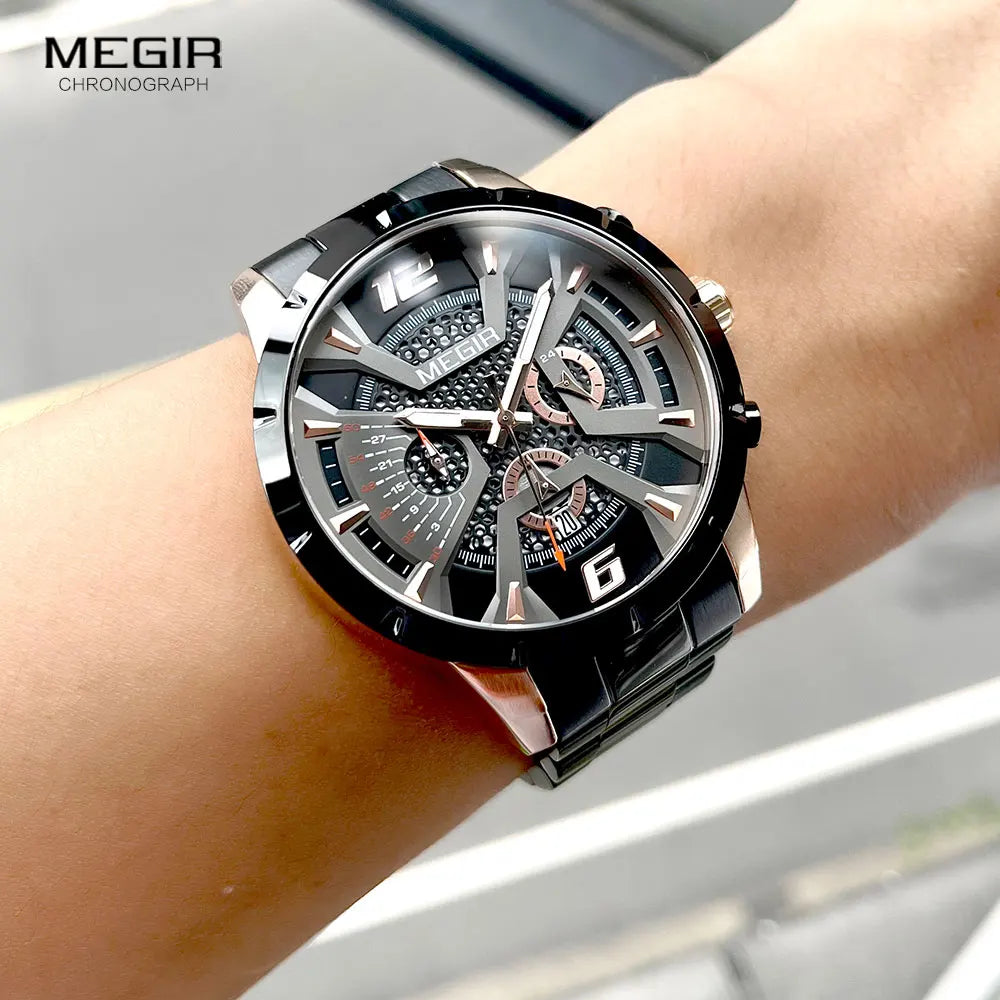 Original MEGIR Black Stainless Steel Fashion Sport Chronograph Quartz Watch - Man Gifts Shop