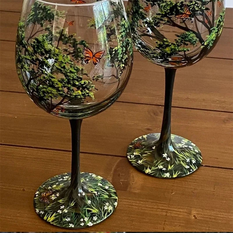 MGS Four Seasons Trees Printed High-Legged Wine Glasses - Stylish and Capacious Glass Cup Set for Wine, Beer, and Cocktails - Man Gifts Shop