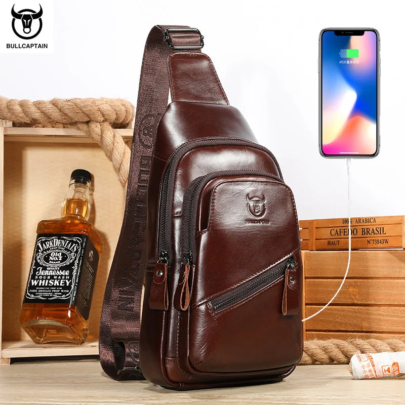 Original Bullcaptain Leather Sling Bag with USB Port – Premium Men's Chest Bag