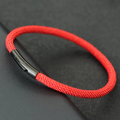 Minimalist Braided Fabric Bracelet with Secure Stainless Steel Snap Clasp Bangle, Custom Fit Khaki Woven Lucky Protection Jewelry Gift