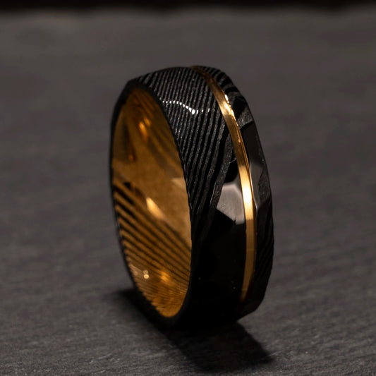 MGS Damascus Steel Ring 8mm Black With Gold-Plated Inner Layer Luxurious and Comfortable Ring