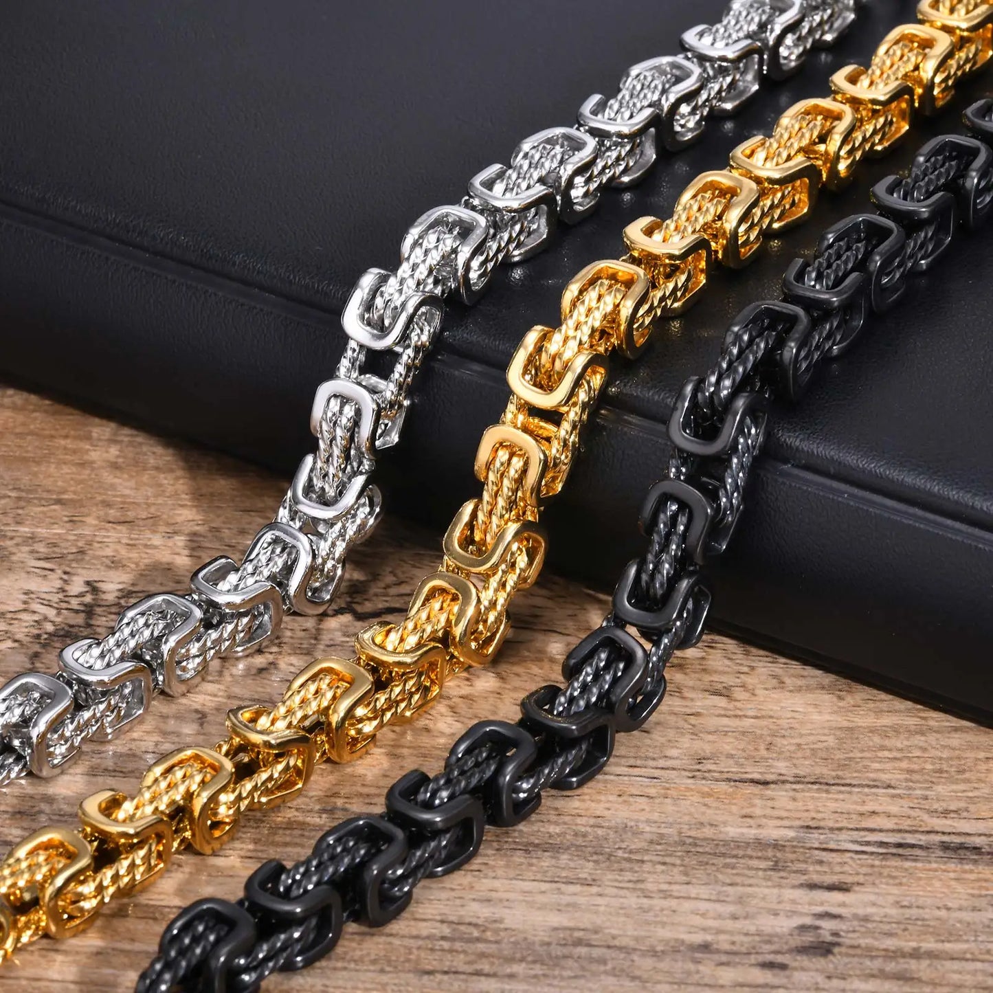 MGS Vintage 8mm Byzantine Oxidized Bold Square Links Chain Bracelet Wristband