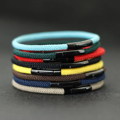 Minimalist Braided Fabric Bracelet with Secure Stainless Steel Snap Clasp Bangle, Custom Fit Khaki Woven Lucky Protection Jewelry Gift