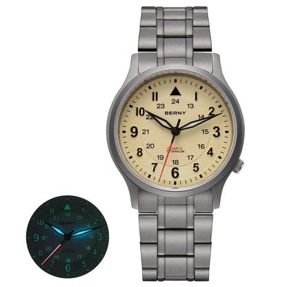 BERNY Men's Titanium Pilot Watch – Classic Field Quartz Wristwatch with Super Luminous Dial, Sapphire Crystal, 5ATM Water Resistant