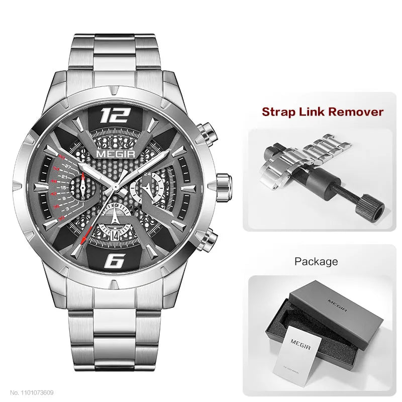 Original MEGIR Black Stainless Steel Fashion Sport Chronograph Quartz Watch - Man Gifts Shop