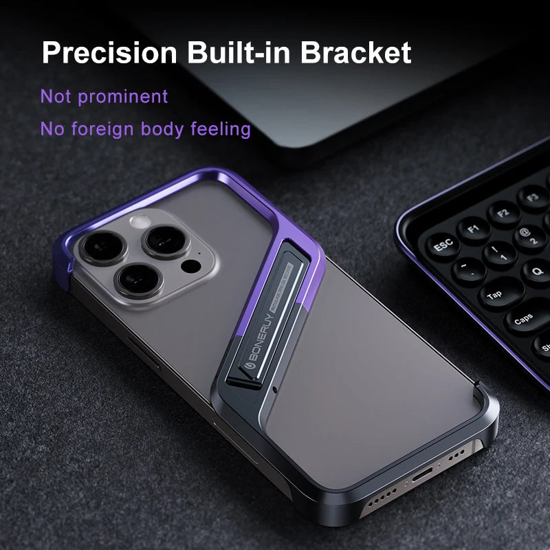 Luxury Metal Phone Case for iPhone 14/15 Pro Max – S-Shaped Aluminum Alloy Rimless Cover with Hidden Stand