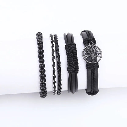 3-4pcs Vintage Leather Bracelet Set for Men – Tree of Life & Beaded Wrap Bangles