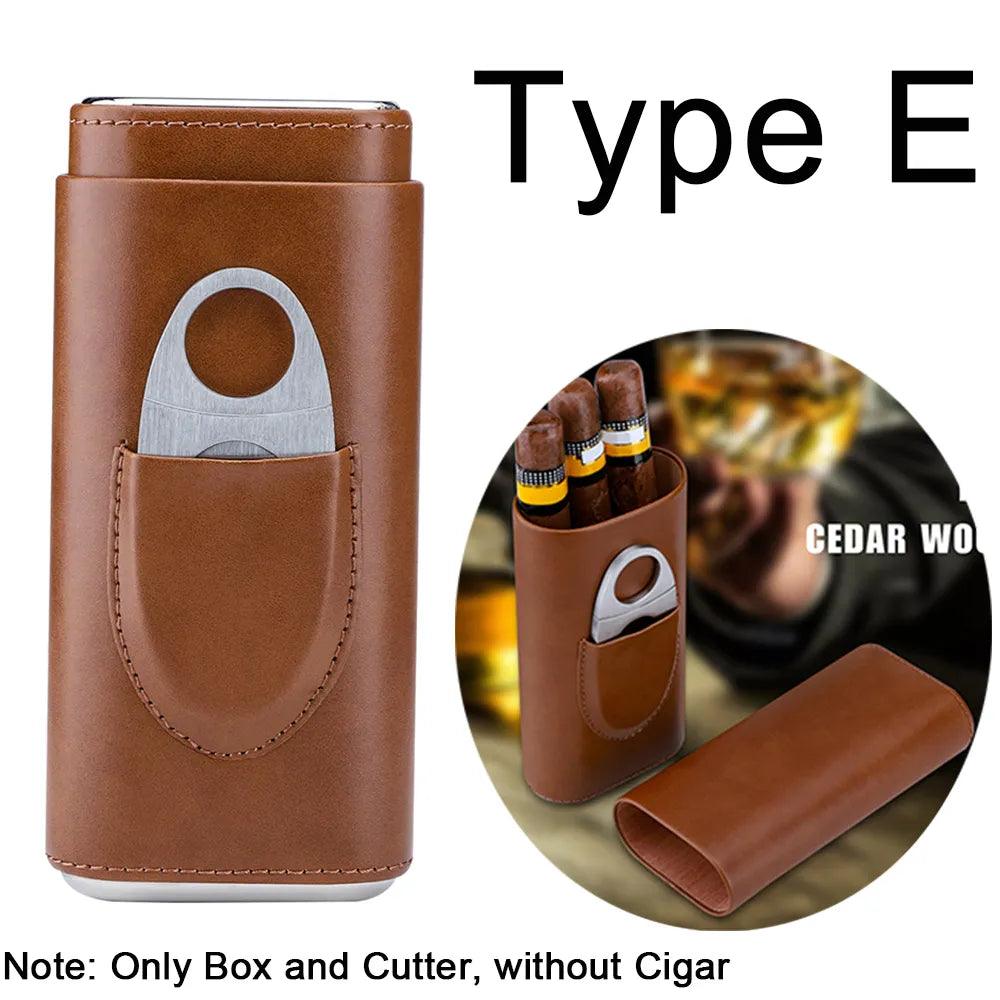 Cowhide Leather Three-Finger Portable Cigar Case with Silver Cigar Cutter - Man Gifts Shop