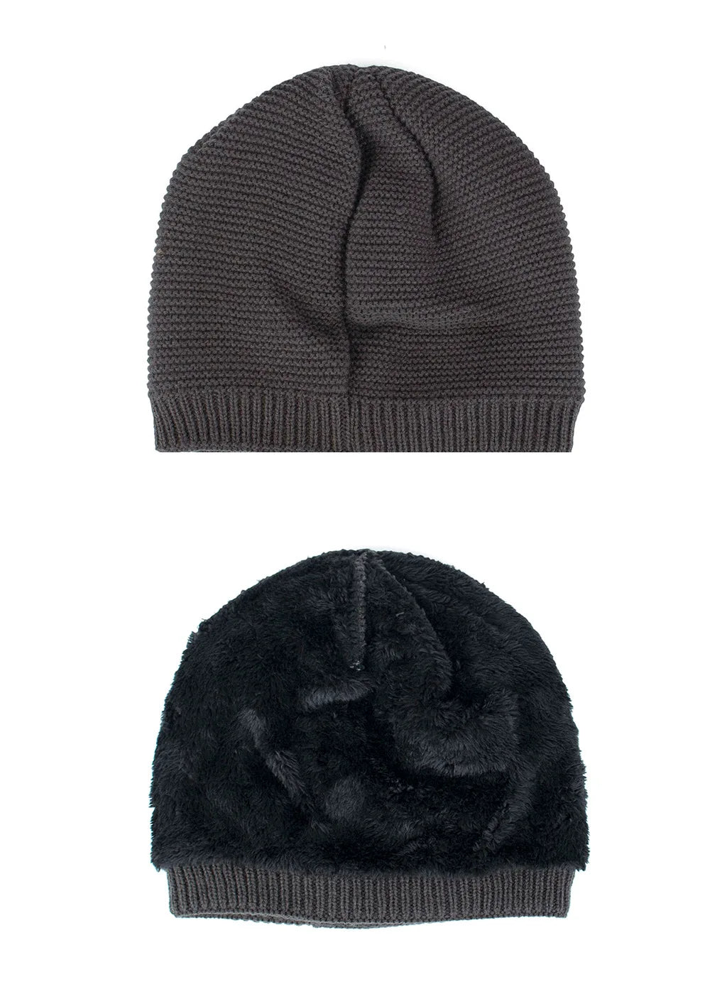 Two beanies, one plain gray and one black with fur, on a white background