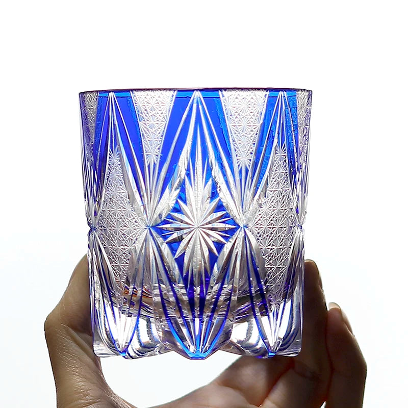 MGS Luxury Japanese Edo Kiriko Style Blue Colored Cut Whiskey Glass