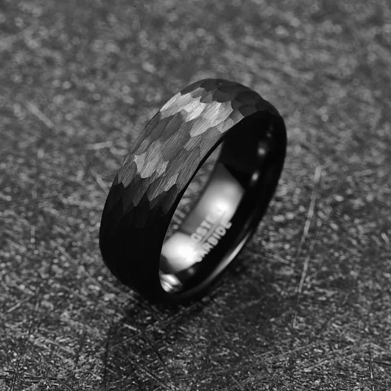 MGS Black Tungsten Carbide Multi-Faceted Hammered Brushed Finish Men Ring