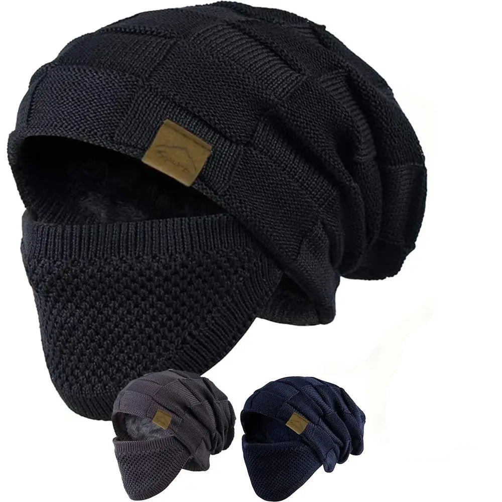 Black knit beanie with face mask on a white background, featuring a flame icon and 'Keep warm' text.