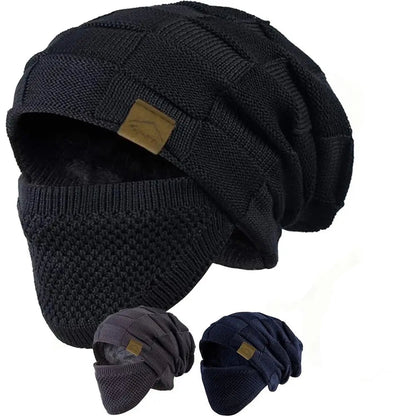 Black knit beanie with face mask on a white background, featuring a flame icon and 'Keep warm' text.