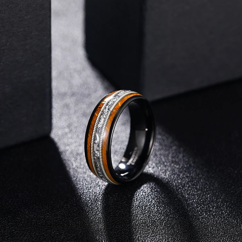 MGS 8mm Tungsten Whiskey Barrel Wood Between Guitar String Ring For Men