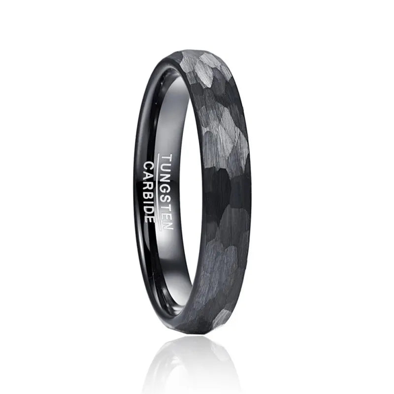 MGS Black Tungsten Carbide Multi-Faceted Hammered Brushed Finish Men Ring