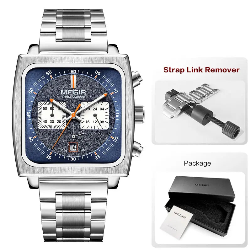 Original MEGIR Unique Square Quartz Watch with Stainless Steel Band - Man Gifts Shop