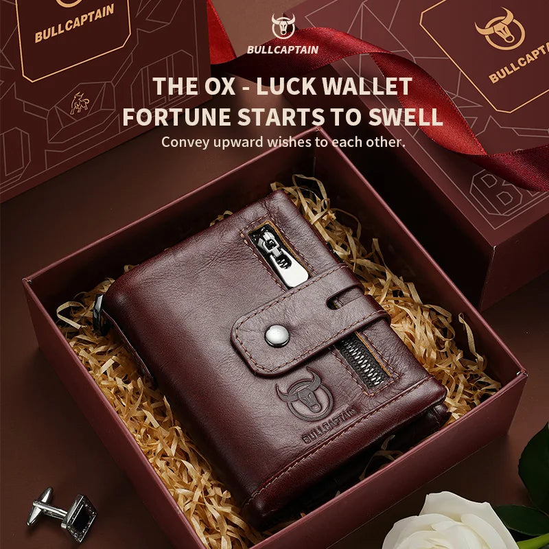 Original Bullcaptain Men’s Genuine Leather RFID Wallet with Chain and Travel-Ready Design