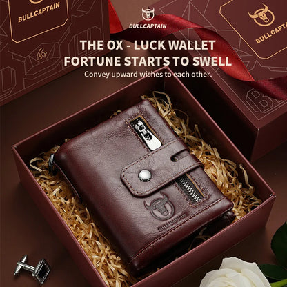 Original Bullcaptain Men’s Genuine Leather RFID Wallet with Chain and Travel-Ready Design