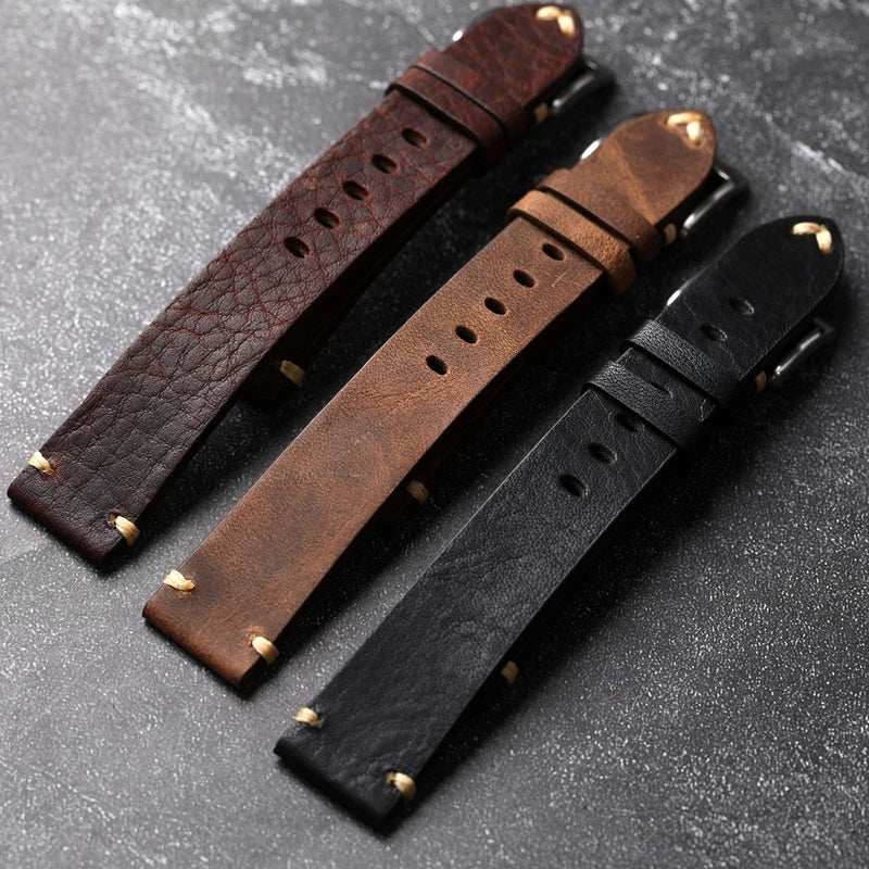 Handmade Genuine Leather Watchband in Vintage Old Brown & Black | Soft Men's Bracelet in 18-22MM | Premium First Layer Cowhide