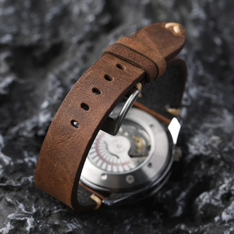 Handmade Genuine Leather Watchband in Vintage Old Brown & Black | Soft Men's Bracelet in 18-22MM | Premium First Layer Cowhide