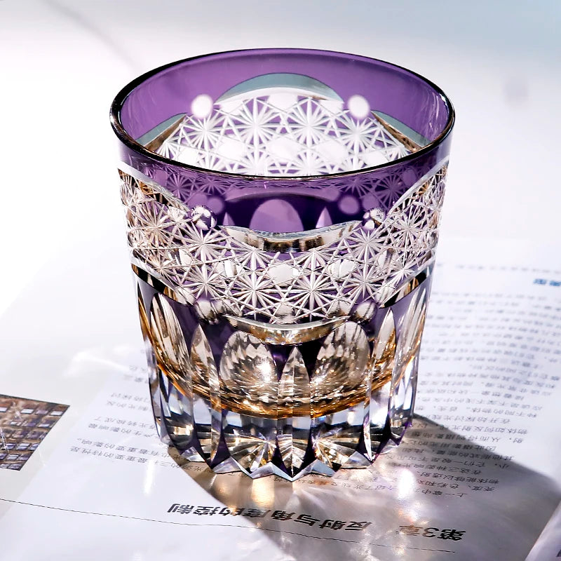 Premium Japanese Edo Kiriko Glass Hand Cut to Clear Glass Purple Color Whisky Glass with Gift Box