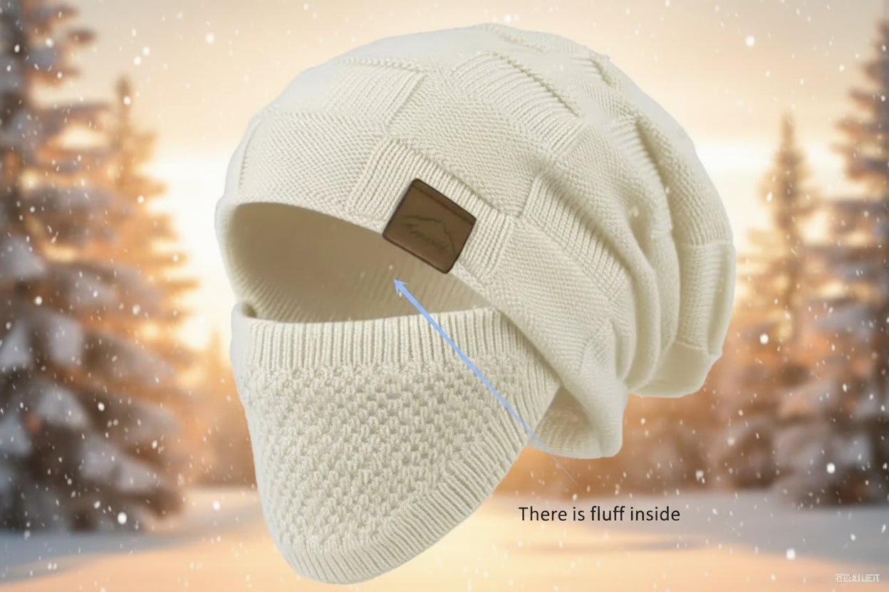 Beige knit beanie with a label on a white background