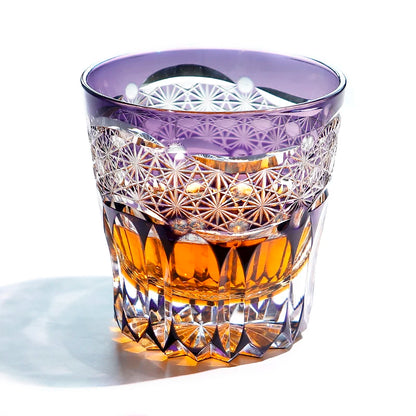 Premium Japanese Edo Kiriko Glass Hand Cut to Clear Glass Purple Color Whisky Glass with Gift Box