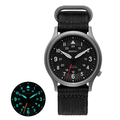 BERNY Men's Titanium Pilot Watch – Classic Field Quartz Wristwatch with Super Luminous Dial, Sapphire Crystal, 5ATM Water Resistant