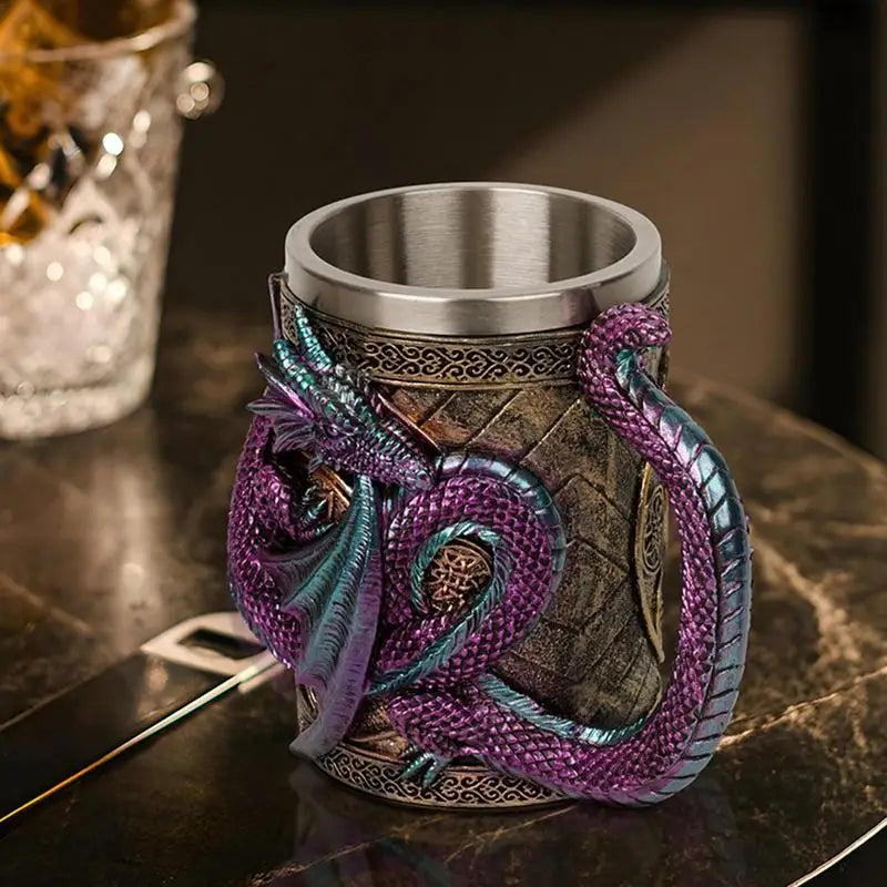 MGS Medieval Double Dragon Goblet Creative 3D Beer Mug Resin Stainless Steel