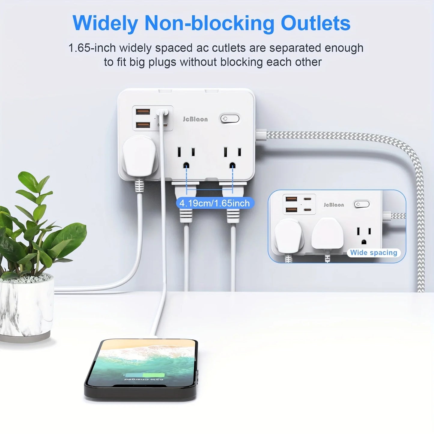 Smart Home Power Strip with USB Fast Charging | US Plug AC Outlet with Braided Extension Cord & Network Filter