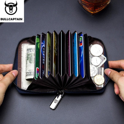 BULLCAPTAIN Genuine Leather RFID Zipper Card Holder Wallet for Men