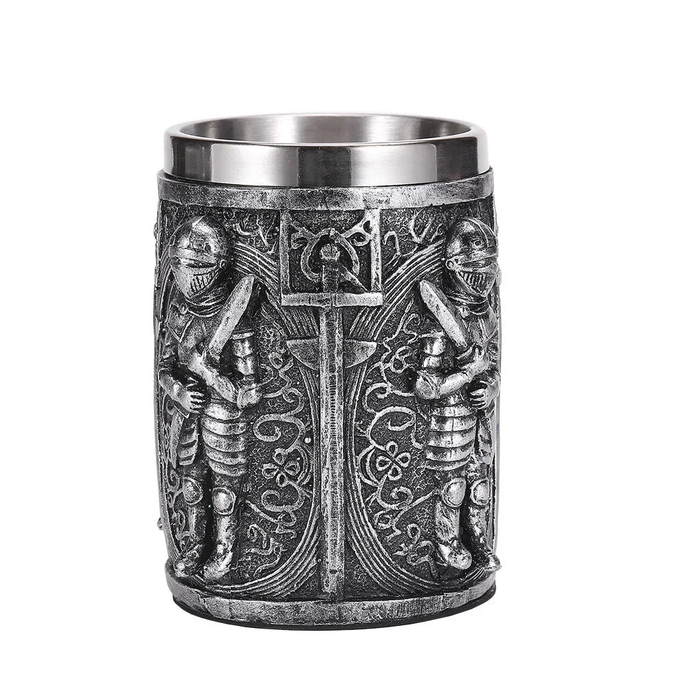 Embrace the Warrior Spirit: Medieval Resin Stainless Steel Beer Mug - A Retro Tankard for Your Knightly Feasts