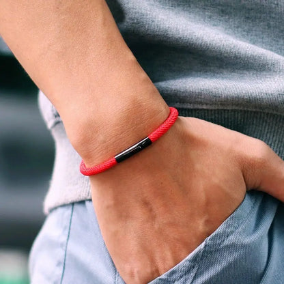 Minimalist Braided Fabric Bracelet with Secure Stainless Steel Snap Clasp Bangle, Custom Fit Red Woven Lucky Protection Jewelry Gift