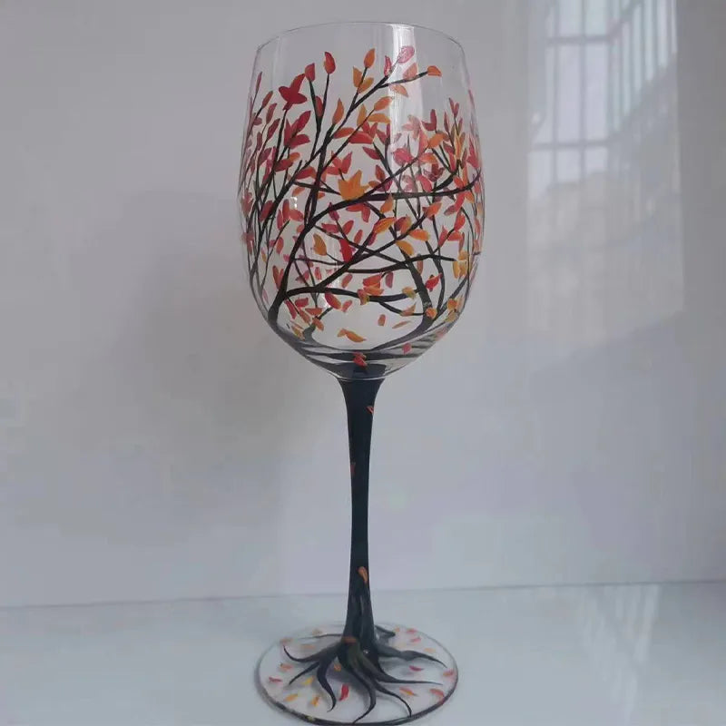 MGS Four Seasons Trees Printed High-Legged Wine Glasses - Stylish and Capacious Glass Cup Set for Wine, Beer, and Cocktails - Man Gifts Shop