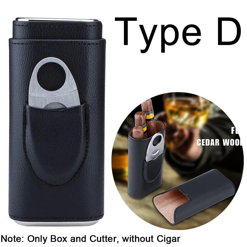 Cowhide Leather Three-Finger Portable Cigar Case with Silver Cigar Cutter - Man Gifts Shop