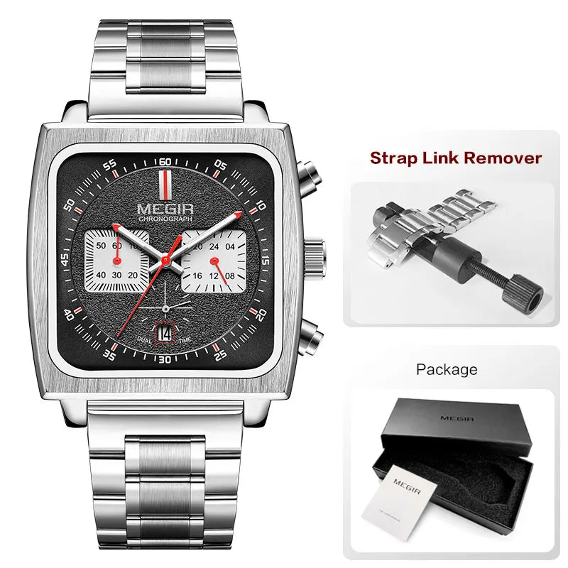 Original MEGIR Unique Square Quartz Watch with Stainless Steel Band - Man Gifts Shop