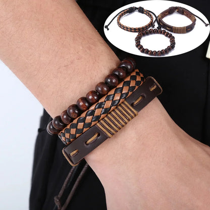 3-4pcs Vintage Leather Bracelet Set for Men – Tree of Life & Beaded Wrap Bangles