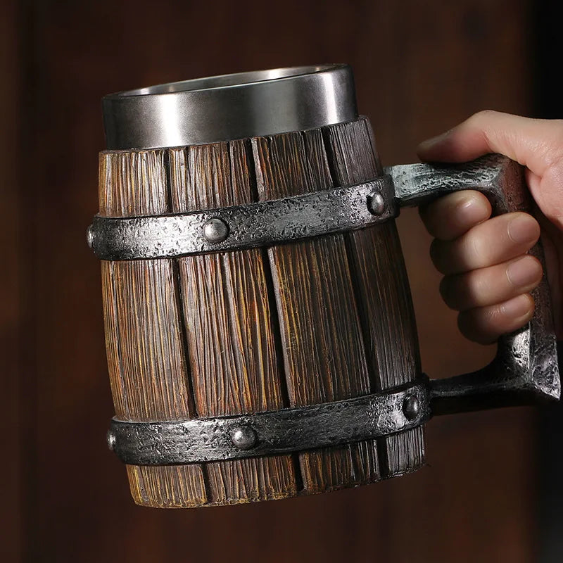 MGS Premium Wooden Barrel Beer Mug: Large-Capacity Stainless Steel Design