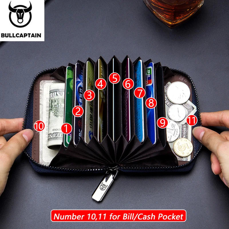 BULLCAPTAIN Genuine Leather RFID Zipper Card Holder Wallet for Men