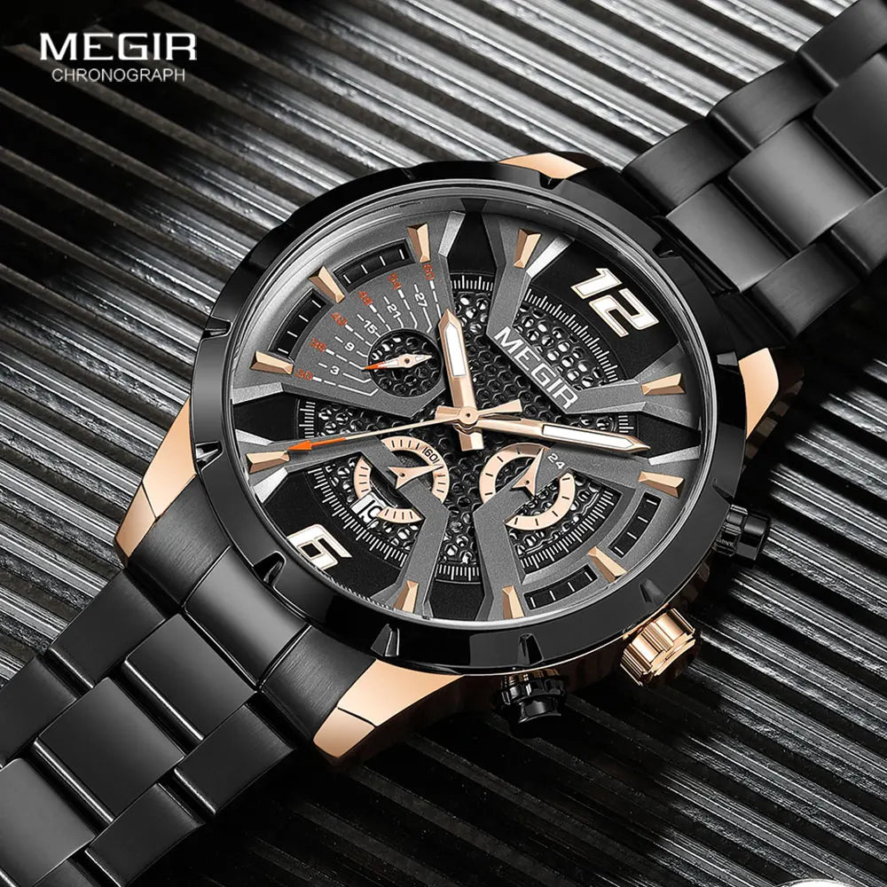 Original MEGIR Black Stainless Steel Fashion Sport Chronograph Quartz Watch - Man Gifts Shop