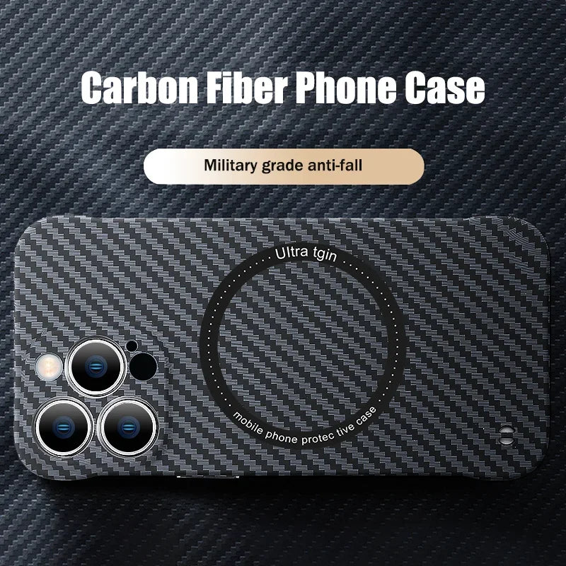 Ultra Thin Carbon Fiber Magnetic Case for iPhone 16 15 ProMax 14 Plus 13 12 11 Pro Max Magsafe Wireless Charging Frameless Cover