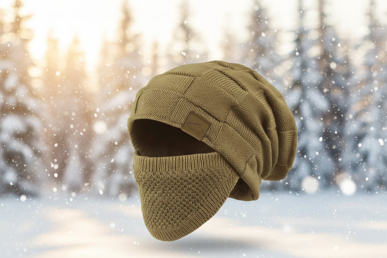 Brown knit beanie with face mask on a white background
